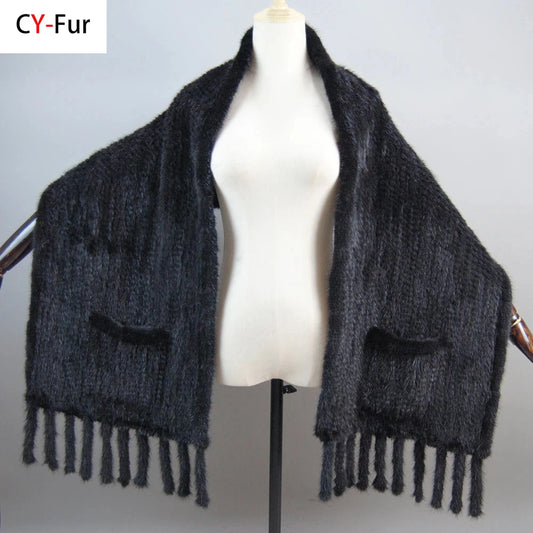 Lady Winter Warm Natural Mink Fur Pashmina Scarf Women Knit 180x35cm Real Mink Fur Warp Scarves Female Mink Fur Poncho Mufflers