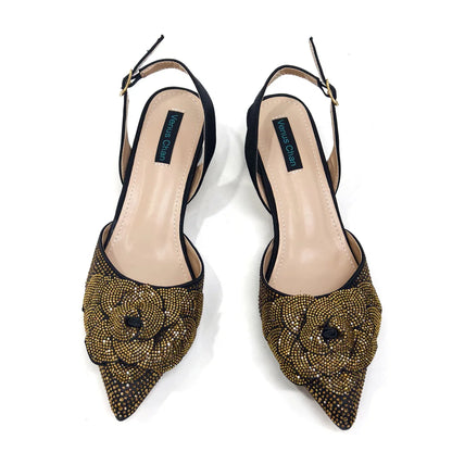 Italian Design Evening Shoes And Bags Paired With Handmade Petal Gold Colour Pointed Toe Mid-Heel Shoes For Women Party Shoes