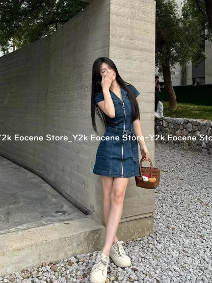 American Retro Black Denim Short Dress Women Summer Zipper Elegant Slim One Piece Dress Korean Fashion Design Casual Clothing