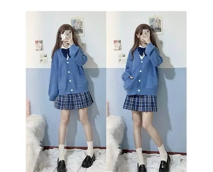 Japan School Sweater Spring Autumn V-neck Cotton Knitted Sweater College Style JK Uniform Cardigan 5 Color Student Girls Cosplay