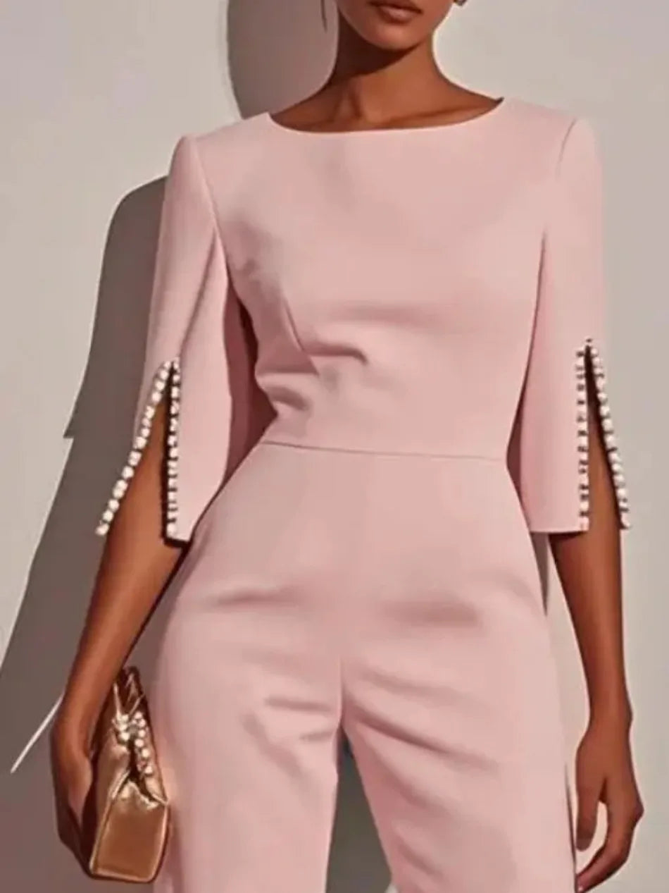 Fashion Hot Selling Spring Summer Solid High Waist Beaded Decor Jumpsuit for Women's Clothing Female Elegant Long Jumpsuits