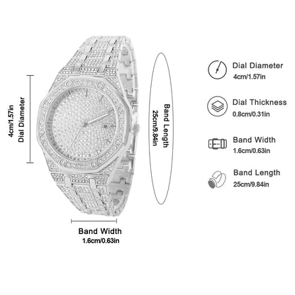 2pcs Men's Silvery Watch Jewelry Set Hip-hop Punk Inlaid Diamond Octagon Watch+Tennis Chain Bracelet Stylish Men Women Gift Set