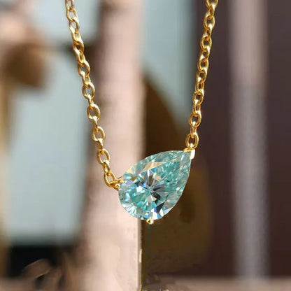 100% MOISSANITE S925 silvery necklace for Women, pear shape cyan blue Moissanite Pendant Necklace 1CT/2CT/3CT