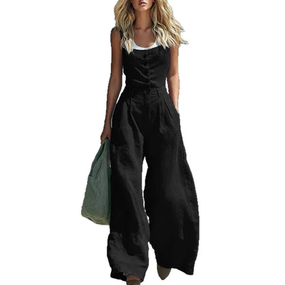 MsChuh Women's Jumpsuits And Rompers High Waist Pleated Waist Sleeveless Solid Color Romper Black Loose Fit Wide Roupas Feminina