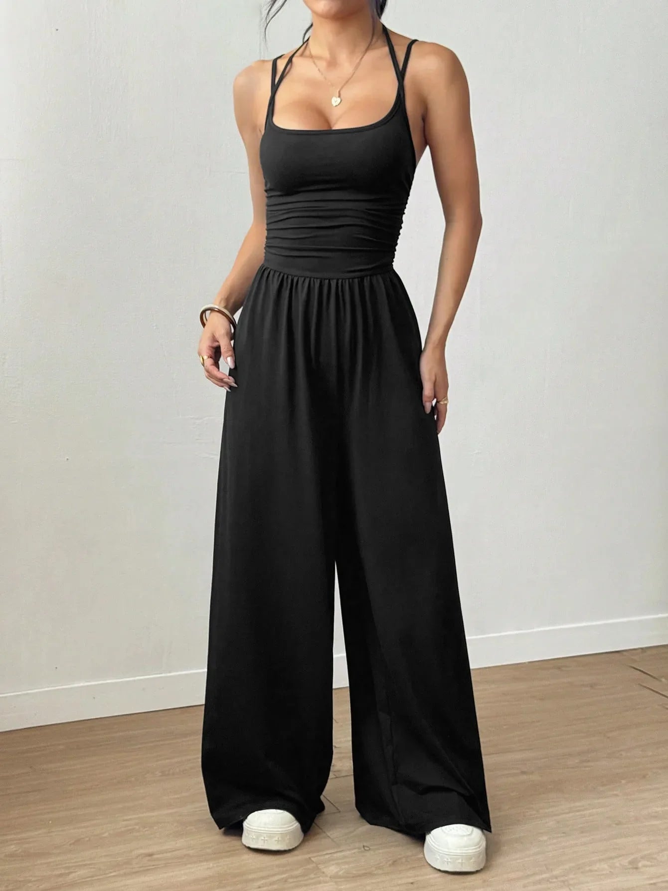 Women Halter Spaghetti Strap Jumpsuits Summer Casual Elastic High Waist Backless Wide Leg Long Pants Romper Club Party Overalls