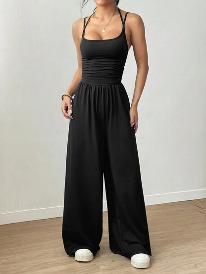 Women Halter Spaghetti Strap Jumpsuits Summer Casual Elastic High Waist Backless Wide Leg Long Pants Romper Club Party Overalls