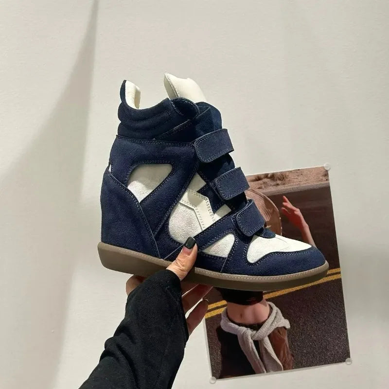 Women's Ankle Boots 2026 New Genuine Leather 8CM Hidden Heel Women Platform Sneakers Fashionable Splice Color Design Women Shoes