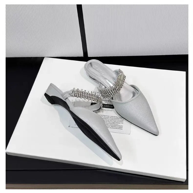 Luxury Crystal Women Slippers Pointed Toe Mules Shoes Elegant Heeled Sandals New Party Slingabck Flip Flops Elegant Mujer Shoes