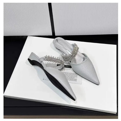 Luxury Crystal Women Slippers Pointed Toe Mules Shoes Elegant Heeled Sandals New Party Slingabck Flip Flops Elegant Mujer Shoes