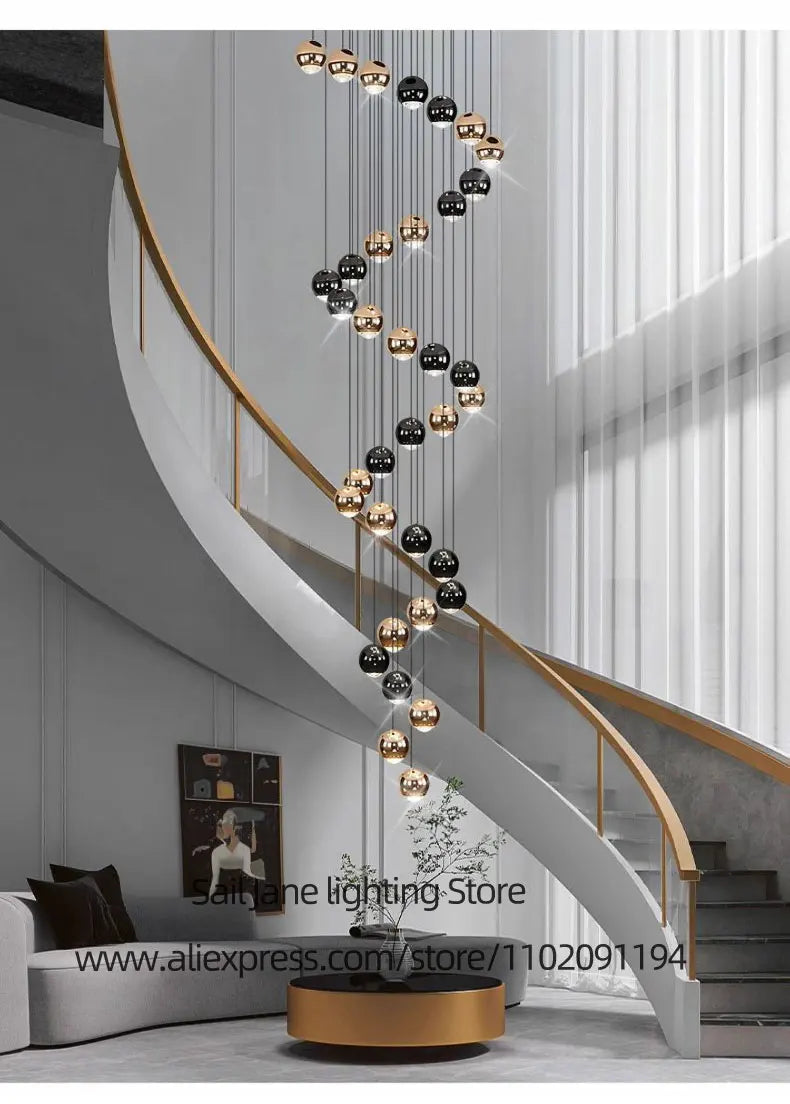 Nordic Circular Chandelier Indoor Lighting Modern Chandelier Gold And Black Mixed High Loft Chandelier LED Staircase Chandelier