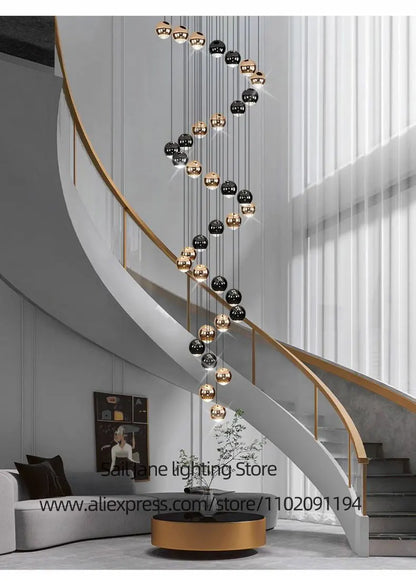 Nordic Circular Chandelier Indoor Lighting Modern Chandelier Gold And Black Mixed High Loft Chandelier LED Staircase Chandelier