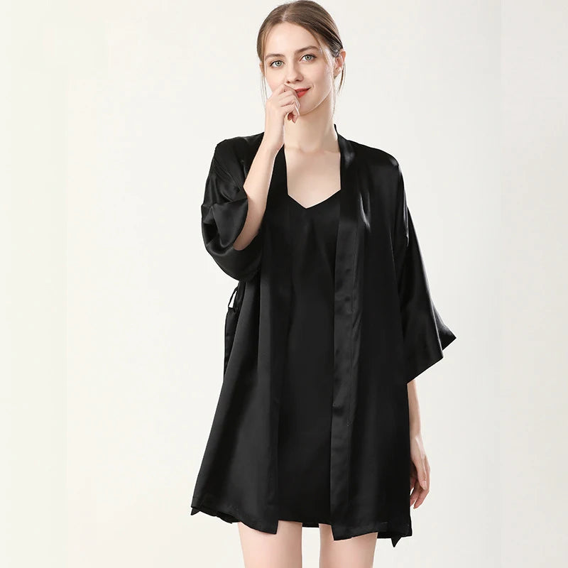 100% Real Silk Pajamas for Women Summer Two-Piece Set Sexy Cami Nightgown & Robe Set Mulberry Silk Sleepwear Autumn Winter