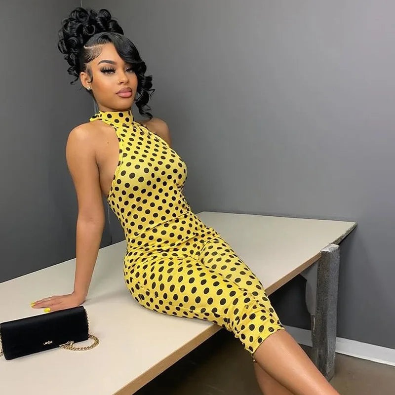 FAGADOER Fashion Color Dot Printing Bodycon Jumpsuits Woman Halter Sleeveless Backless Rompers Female Streetwear Overalls 2026