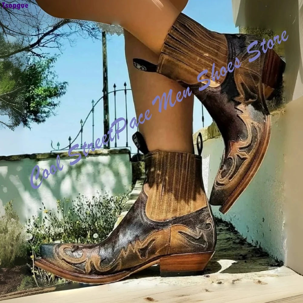 Vintage Embroidery Western Cowboy Ankle Boots Men Distressed Washed Leather Pointed Elastic Slip On Chelsea Boots Low Block Heel