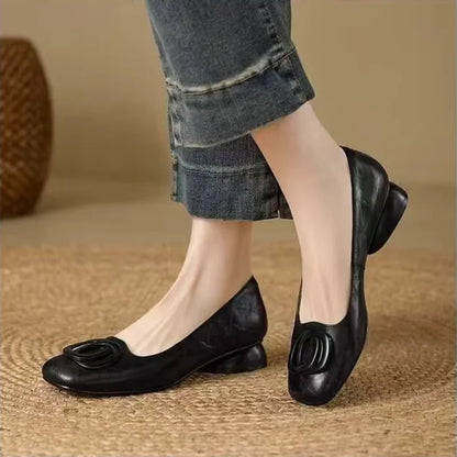 French Style Square Toe Block Heel Pumps Women Spring Autumn New Soft Leather Shallow Shoes Metal Buckle Vintage Women's Shoes