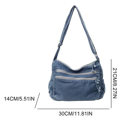 Vintage Denim Women's Shoulder Bag Large Capacity Messenger Bag Multi-pockets Satchel Bags Adjustable Strap Ladies Crossbody Bag