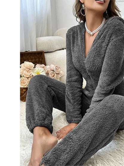 Fashion Plush Ear Hooded One-piece Pajamas Women Autumn Winter New V-neck Long-sleeved Loose Casual Trousers Home Wear Jumpsuits