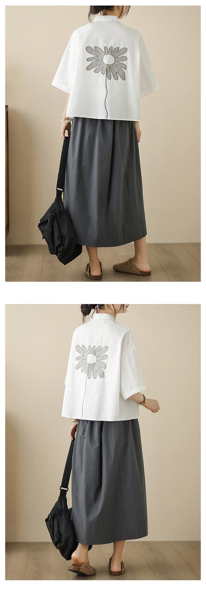 High-End Korean Japanese Artistic ort Sve Cotton Linen Embroidered irt Summer Wear Pear ape Fitting Women's Top