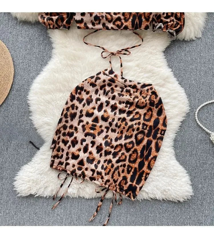 Leopard Print Suits Sexy Women Off the Shoulder Backless Crop Tops+Mini Skirts Sets Halter Drawstring Elastic Hotsweet Club Slim