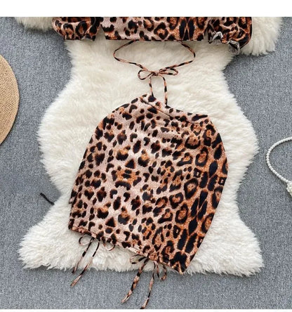 Leopard Print Suits Sexy Women Off the Shoulder Backless Crop Tops+Mini Skirts Sets Halter Drawstring Elastic Hotsweet Club Slim