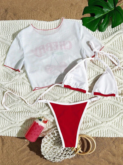Cute Halter Bikini 3 Pieces Cherry Print 2026 Sexy & Fresh Feeling Bathing Suit Three-Piece Swimsuit Dark Blue Beach Swimwear