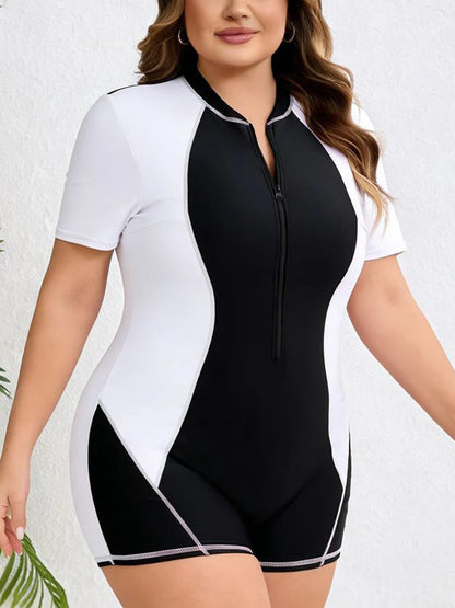 2026 Women Short Sleeve Plus Size Swimwear Print Patchwork Large One Piece Swimsuit Lady Zipper Chubby Beach Curvy Bathing Suit
