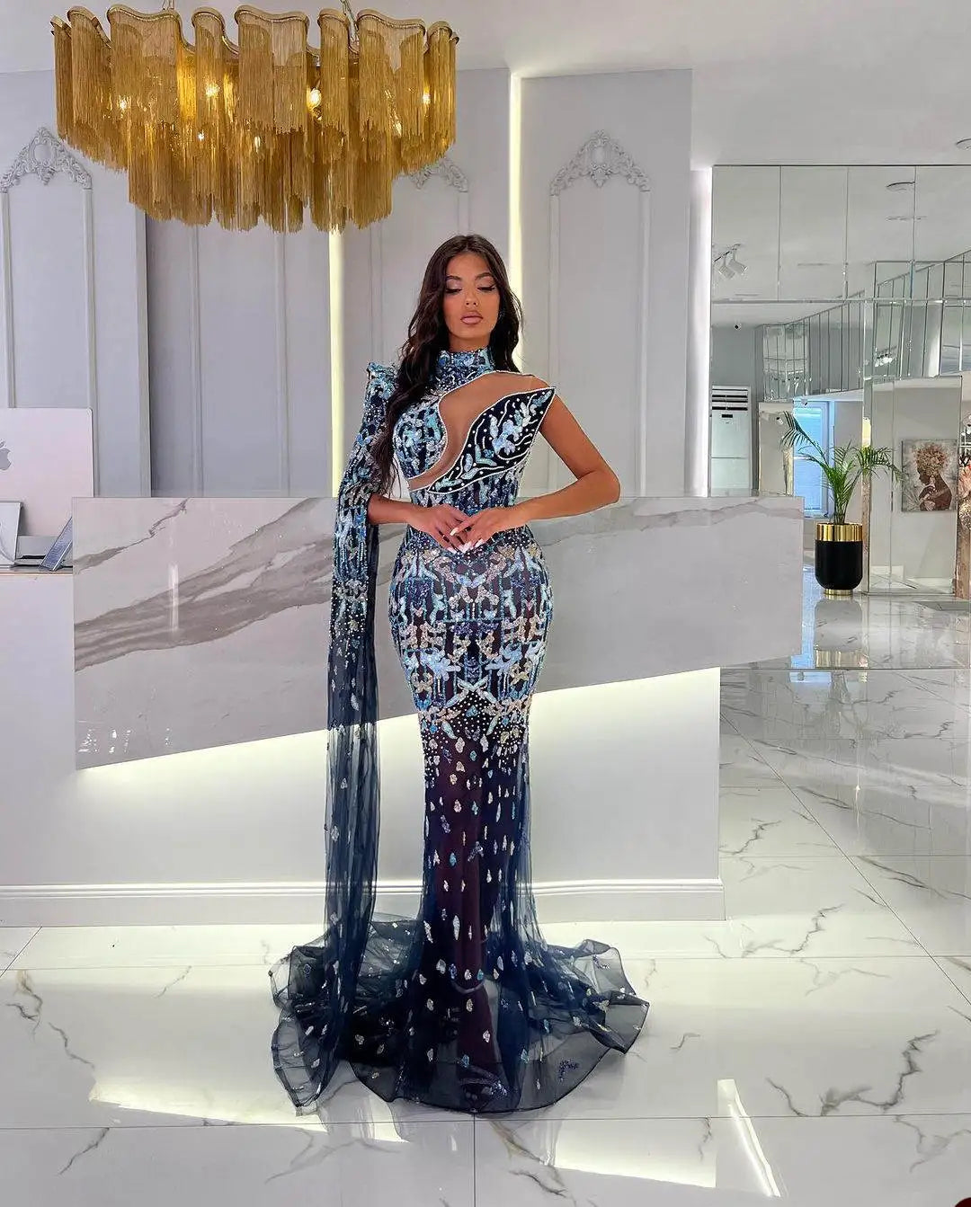 Fashion Prom Dress One Shoulder Wedding Party Dress Sparkle Crystals Birthday Princess Sweep Tail Evening Gowns Dress Customized