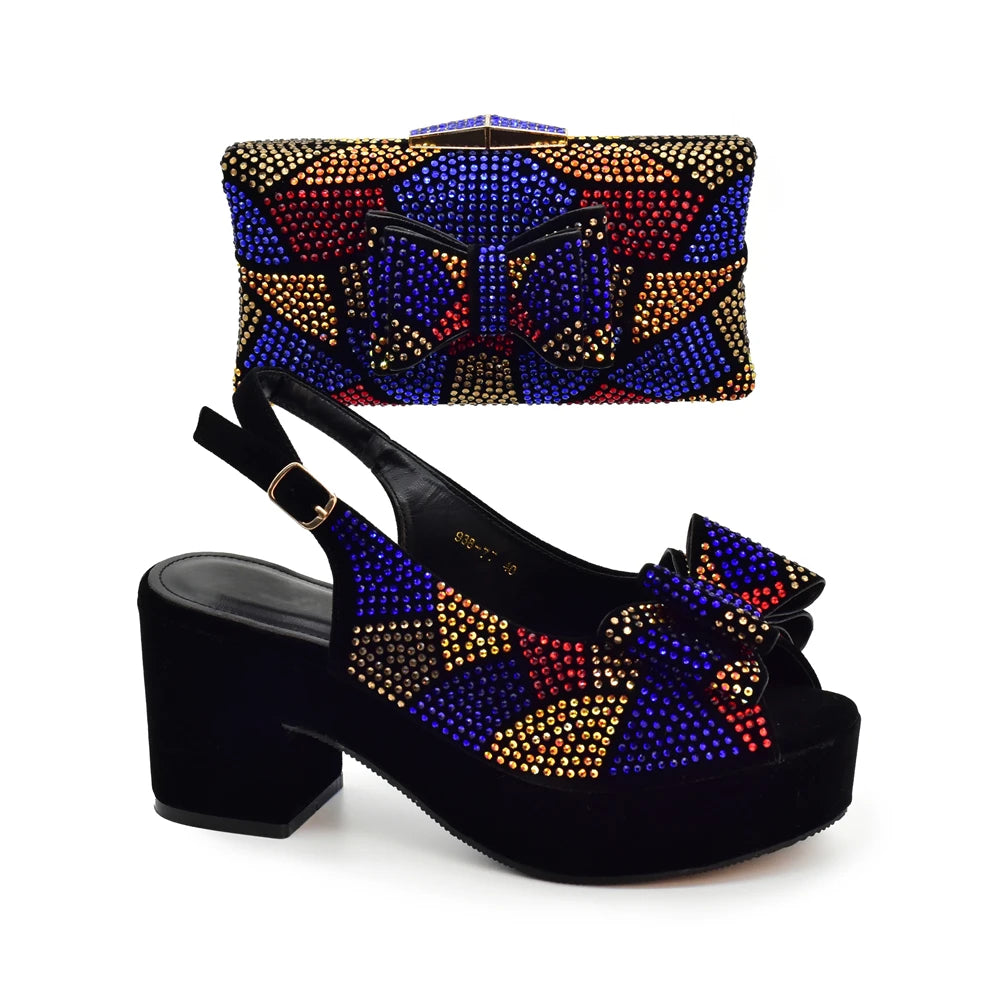Nigeria Ladies Shoe and Bag Set Decorated with Rhinestone Block Heel Comfortable Platform Pumps Luxury Designer Shoes Women
