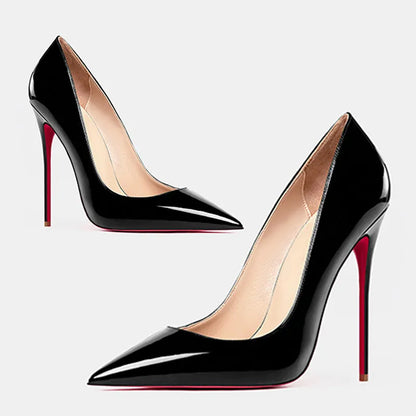 2025 European and American slim and sexy high heels, pointed shallow mouth black patent leather temperament work shoes