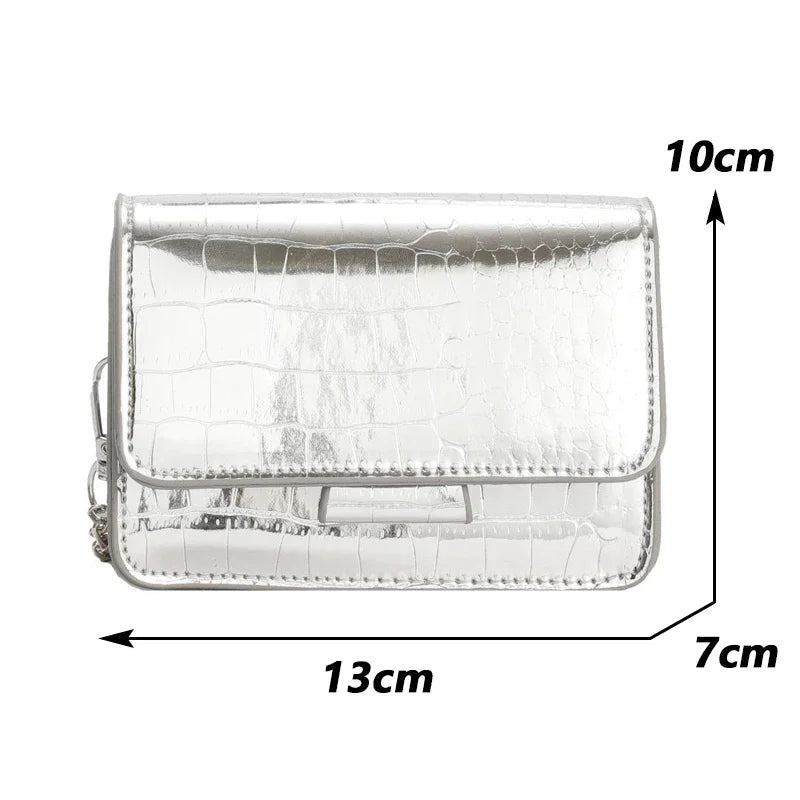 Vintage Women Silver Chic Crossbody Bag Luxury Designer Small Shoulder Bags Fashion Gold Mini Square Cute Pu Leather Handbag