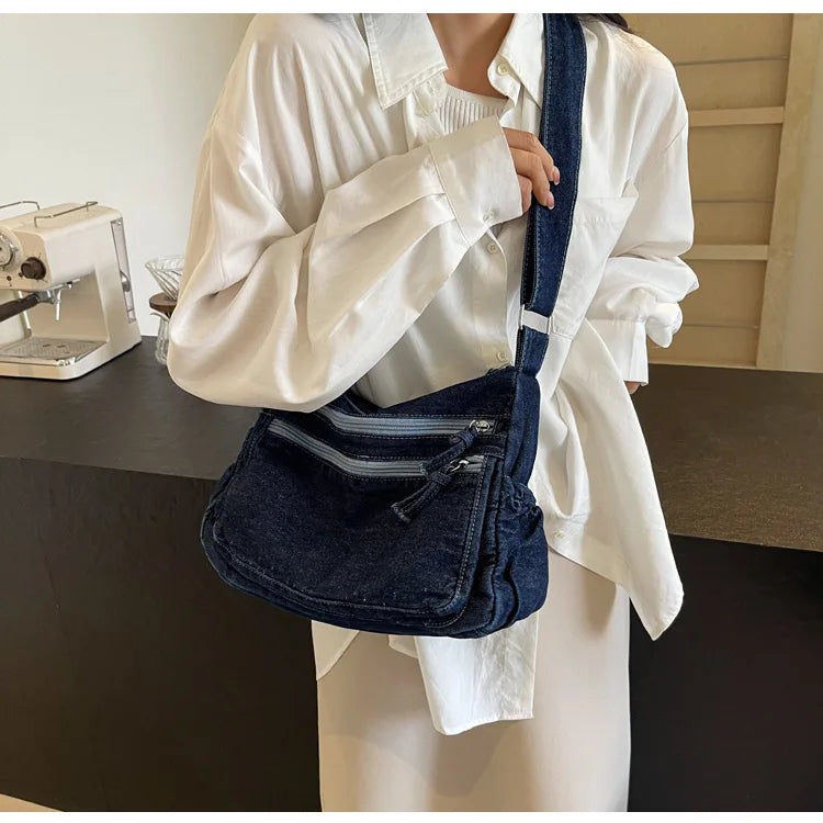 Vintage Denim Women's Shoulder Bag Large Capacity Messenger Bag Multi-pockets Satchel Bags Adjustable Strap Ladies Crossbody Bag