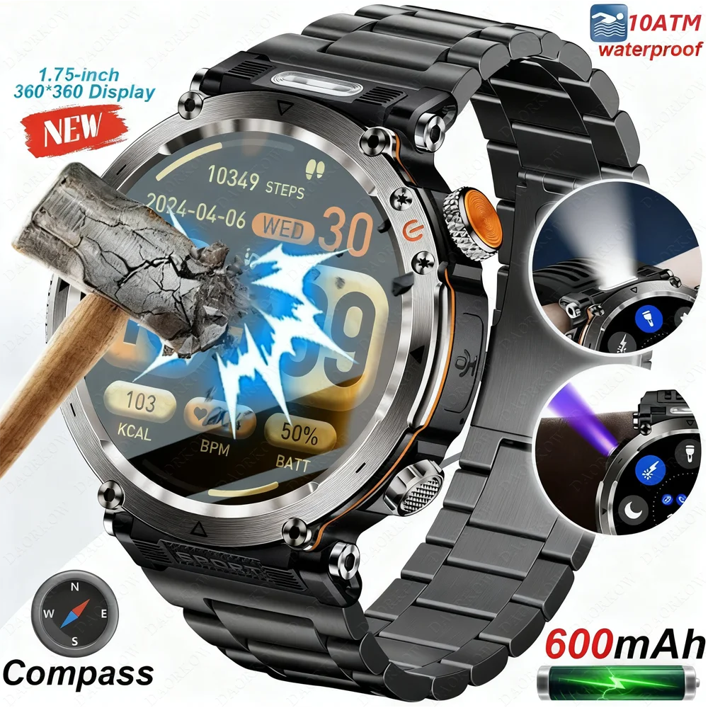 DAORKOW 2026 New Model 10ATM Waterproof 600mAh Smartwatch Compass LED Flashlight Bluetooth Call Outdoor Sports Smartwatch