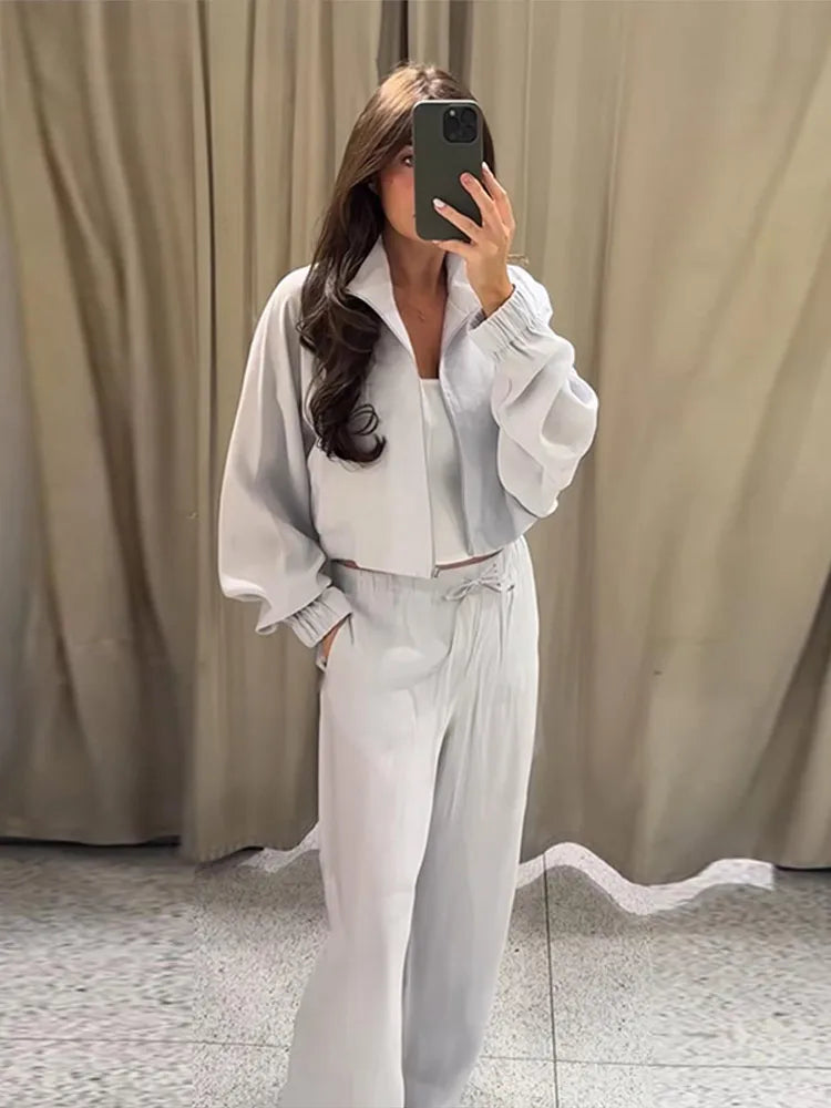 Stand Collar Thin Cropped Coats Pants Suits Women Street Lantern Long Sleeve Zipper Loose Tops Drawstring Wide Leg Trousers Sets