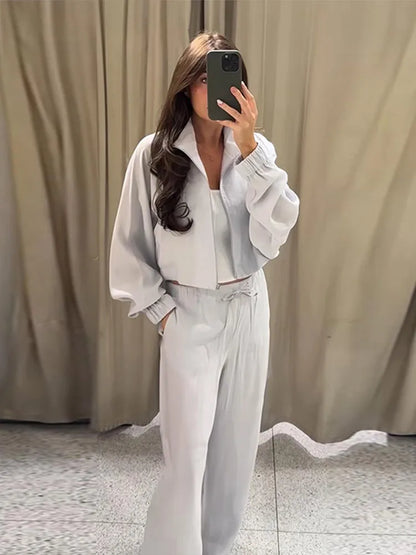 Stand Collar Thin Cropped Coats Pants Suits Women Street Lantern Long Sleeve Zipper Loose Tops Drawstring Wide Leg Trousers Sets