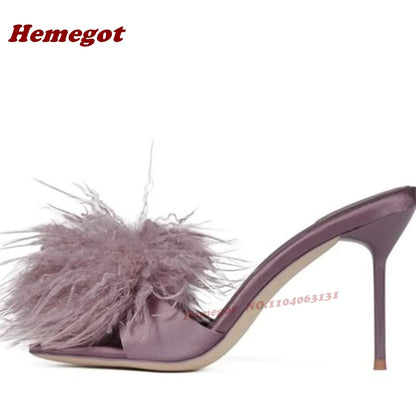 Purple Fluffy Fur Stiletto Heels Slippers Open Toe Satin Slip On Women Mules Summer Solid Patchwork Cute Casual Shoes Luxury