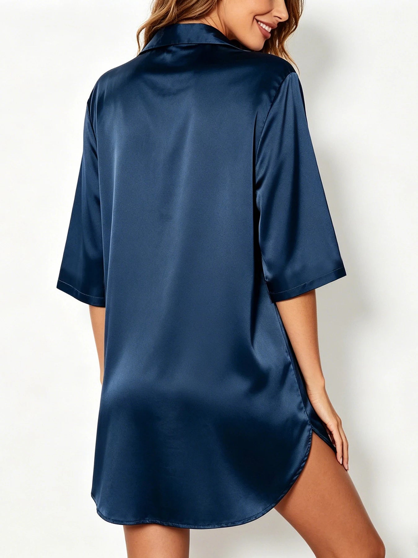 Elegant Satin Nightshirt Solid Lapel Button-Up Shirt Dress Breathable Fabric Smooth Texture Charming Women's Nightgown Sleepwear