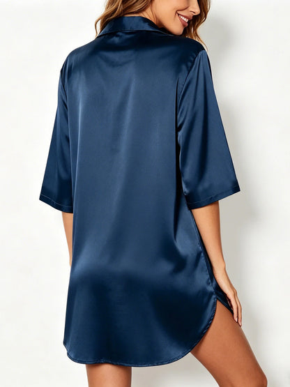 Elegant Satin Nightshirt Solid Lapel Button-Up Shirt Dress Breathable Fabric Smooth Texture Charming Women's Nightgown Sleepwear