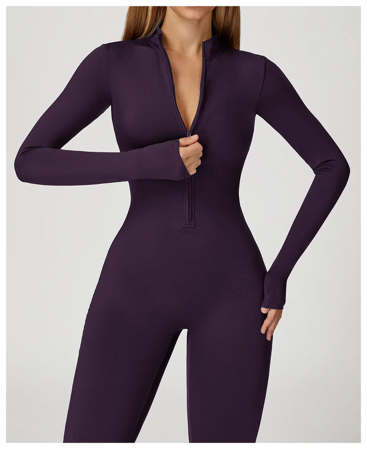 Winter Half Zip Yoga Bodysuit Women Long Sleeved Fitness Jumpsuit Sportswear Gym Clothes One-piece Running Workout Wear Rompers