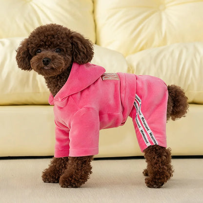 Soft Velvet Dog Jumpsuit Puppy Pajamas Onesie with Hoodie Pet Apparel Spring Autumn Cozy Dog Clothes for Small Medium Dogs
