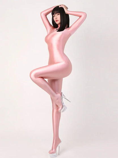 Womens Gym Yoga Pure Color Bodysuit One-piece Playsuits Bodycon Rompers Spandex Silky Tights Cosplay Catsuit Glossy Jumpsuits