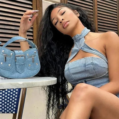 Sexy Denim Two Piece Set Women Y2K Clothes Zipper Halter Hollow Out Backless Crop Top and Mini Skirt Club Party Matching Sets