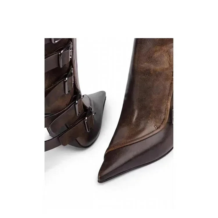 New Belt Buckle Stiletto High Heels Knee Length Boots Autumn/Winter Women's Fashion Pointed Party 34-46 Large Medium Boots