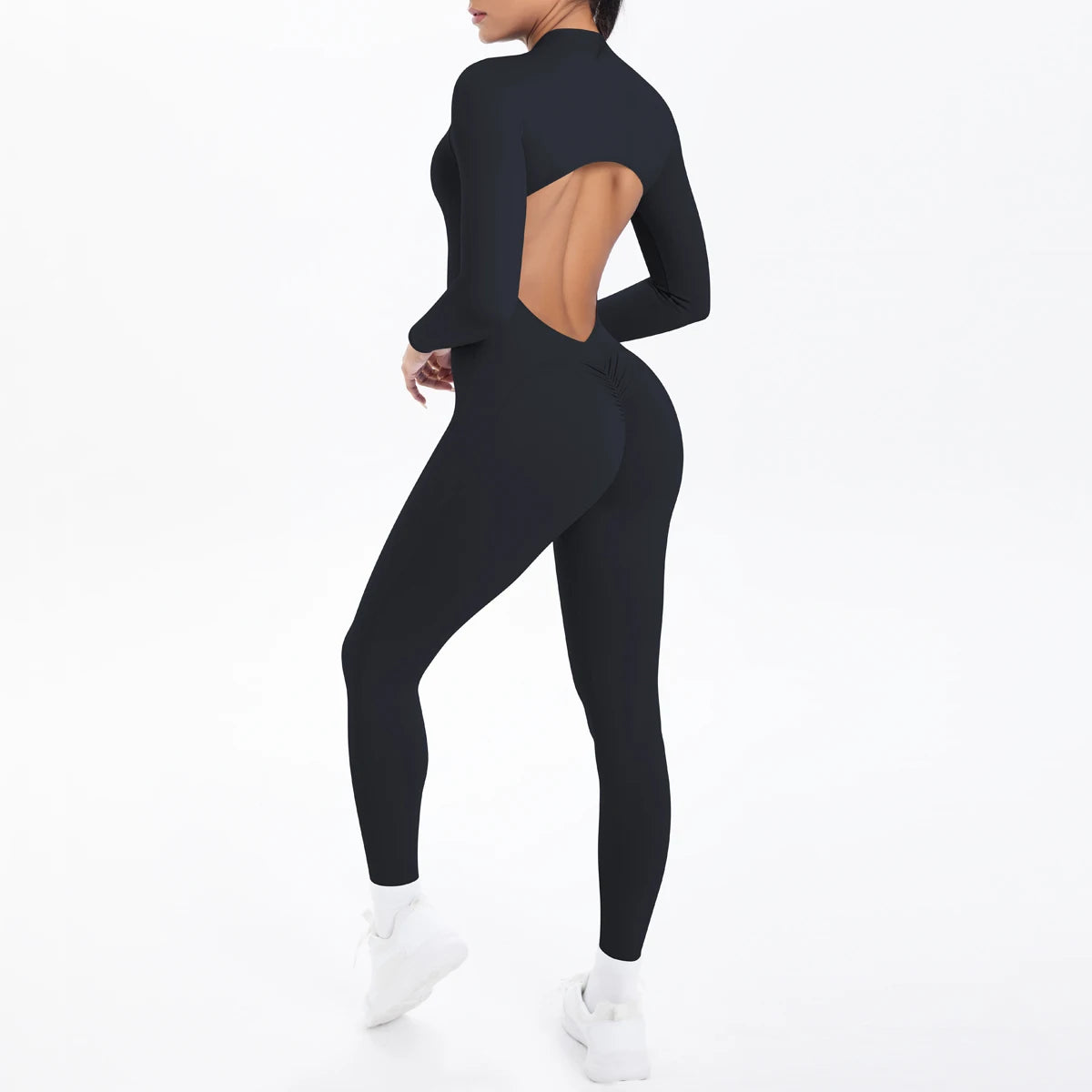 Solid Color Bodysuits for Woman's Backless Long Sleeved Zipper Yoga Jumpsuits High Dtrength Workout Sports Fitness Clothing Set