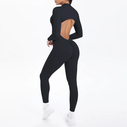 Solid Color Bodysuits for Woman's Backless Long Sleeved Zipper Yoga Jumpsuits High Dtrength Workout Sports Fitness Clothing Set