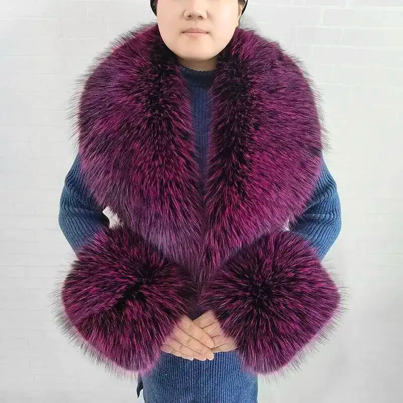 Large Women Faux Fox Fur Scarf Winter Jackets Warm Fluffy Shawl Fashion Artificial Fur Collar And Cuff Set Fluffy Scarves Female