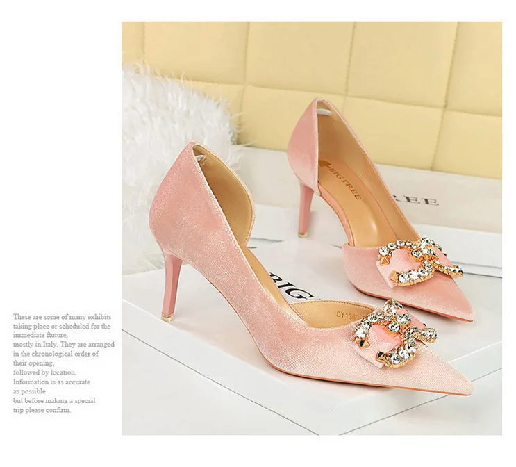 BIGTREE Party Pumps 7cm Thin High Heels Western Style Velvet Shallow Pointed Toe Side Hollow Crystal Pearl Bow Lady Shoes Pink