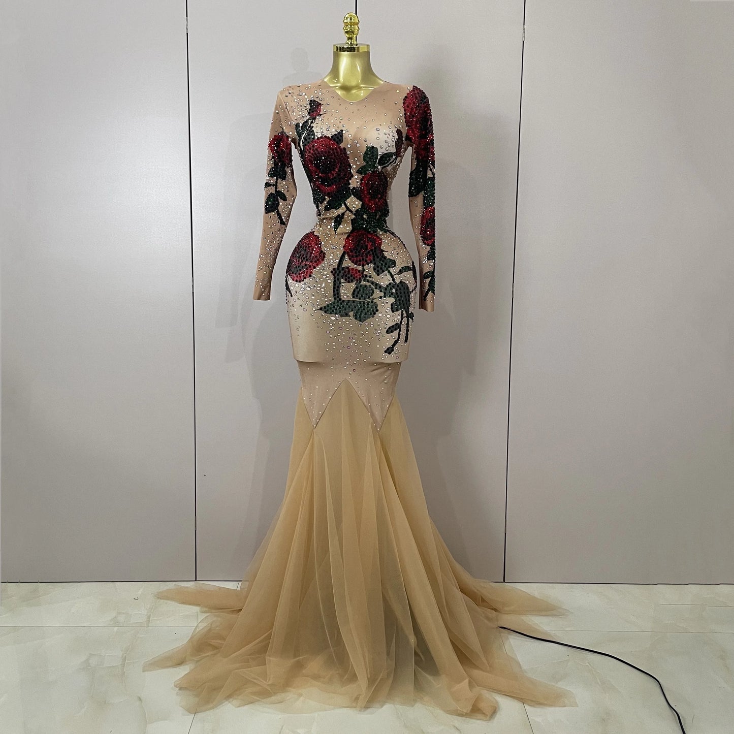 Women Sparkly Diamonds Rose Floral Long Sleeves Floor-Length Dress Eveing Celebrate Birthday Party Nightclub Sexy Stage Costume