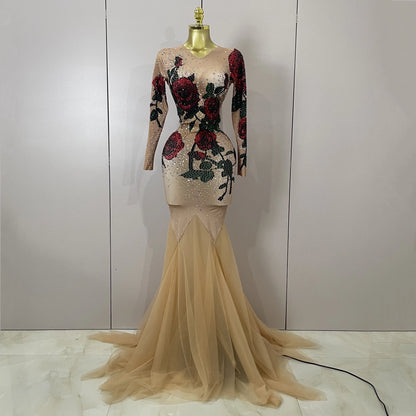 Women Sparkly Diamonds Rose Floral Long Sleeves Floor-Length Dress Eveing Celebrate Birthday Party Nightclub Sexy Stage Costume