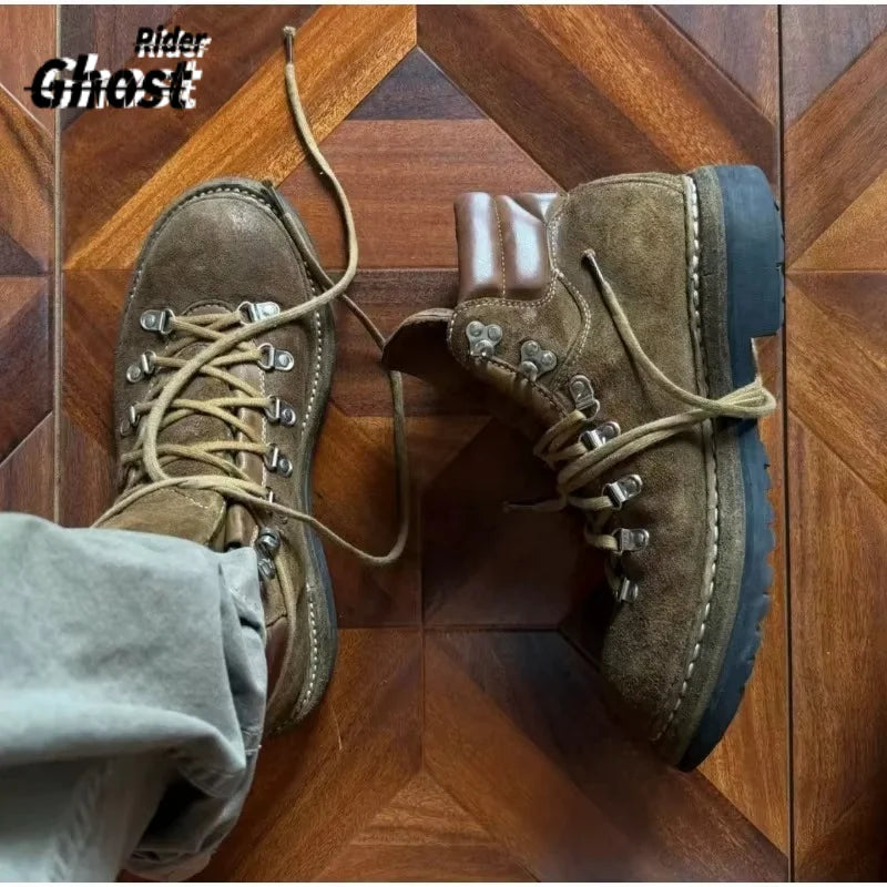 Men's Suede Leather Motorcycle Boots Rivet Mountaineering Shoes Lace-Up Metal Outdoor Mid-calf Western Hiking Boots