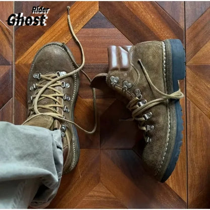 Men's Suede Leather Motorcycle Boots Rivet Mountaineering Shoes Lace-Up Metal Outdoor Mid-calf Western Hiking Boots